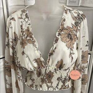 Rose and grey Floral Print Women's Top - Cream and Brown